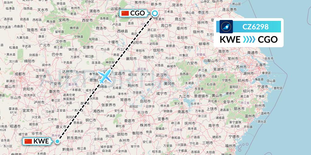 CZ6298 China Southern Airlines Flight Map: Guiyang to Zhengzhou