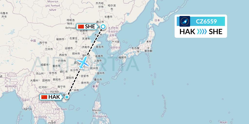 CZ6559 China Southern Airlines Flight Map: Haikou to Shenyang