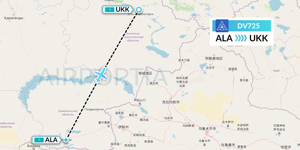 DV725 SCAT Flight Map: Almaty to Oskemen