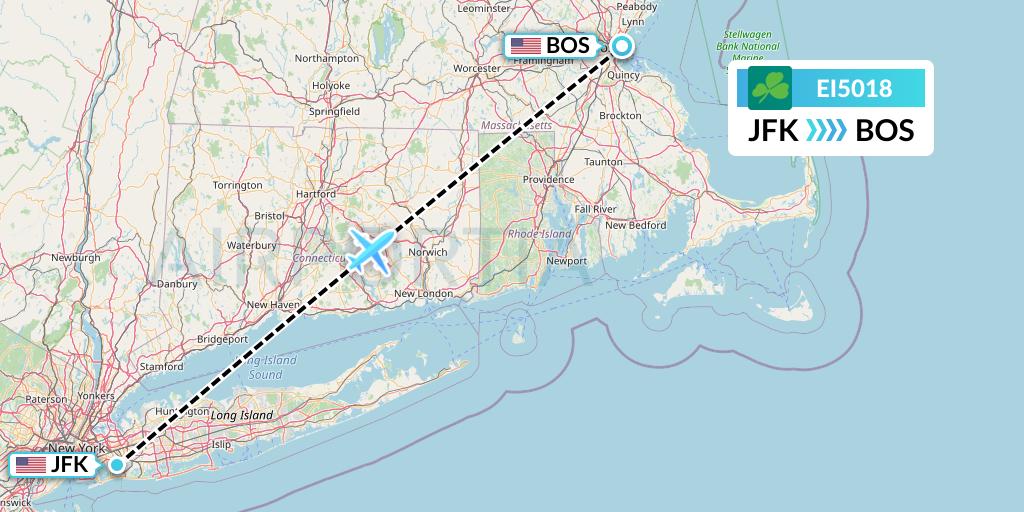 EI5018 Aer Lingus Flight Map: New York to Boston