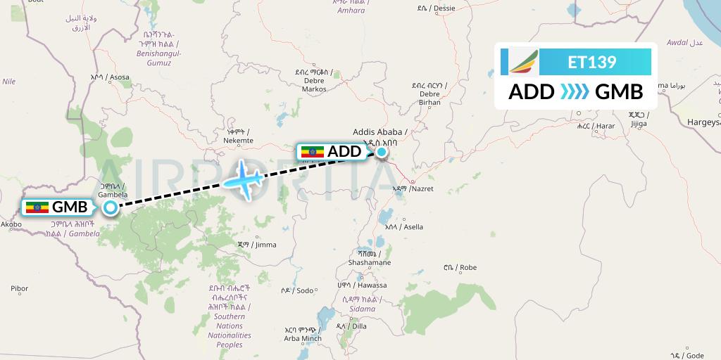 ET139 Ethiopian Airlines Flight Map: Addis Ababa to Gambela