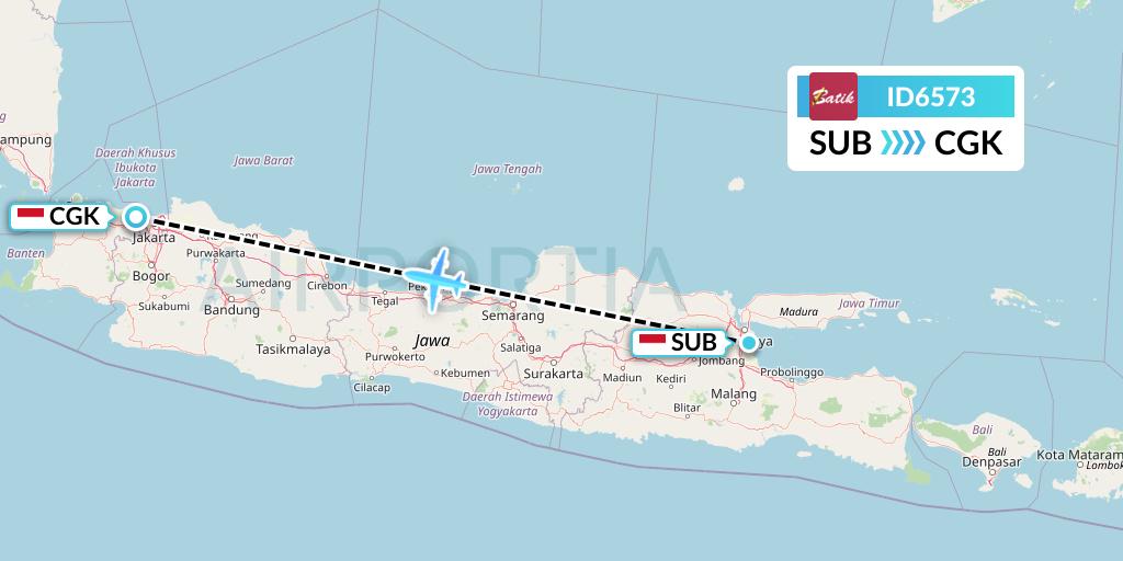 ID6573 Batik Air Flight Map: Surabaya to Jakarta