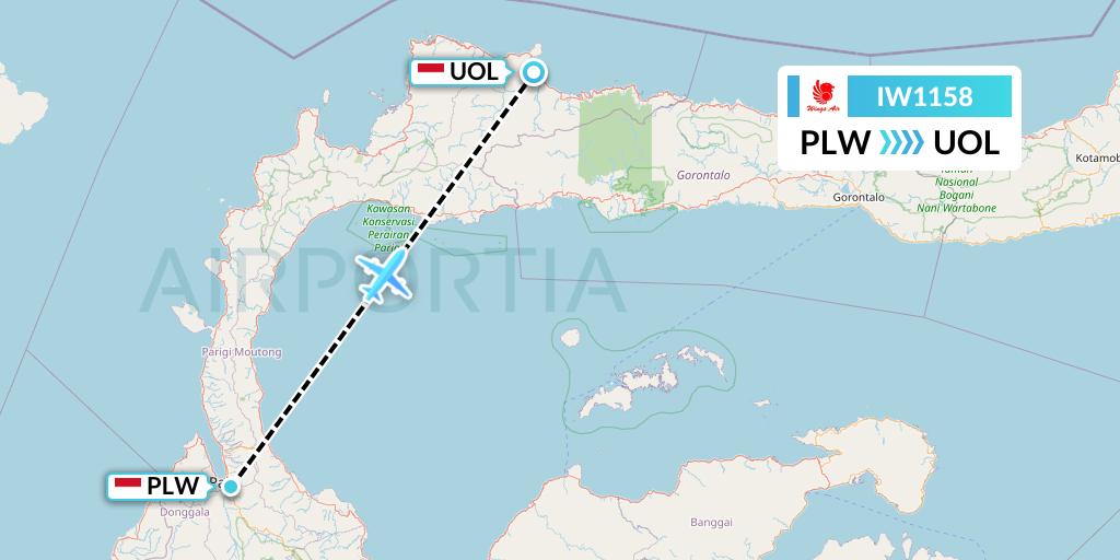 IW1158 Wings Air Flight Map: Palu to Buol-Celebes Island