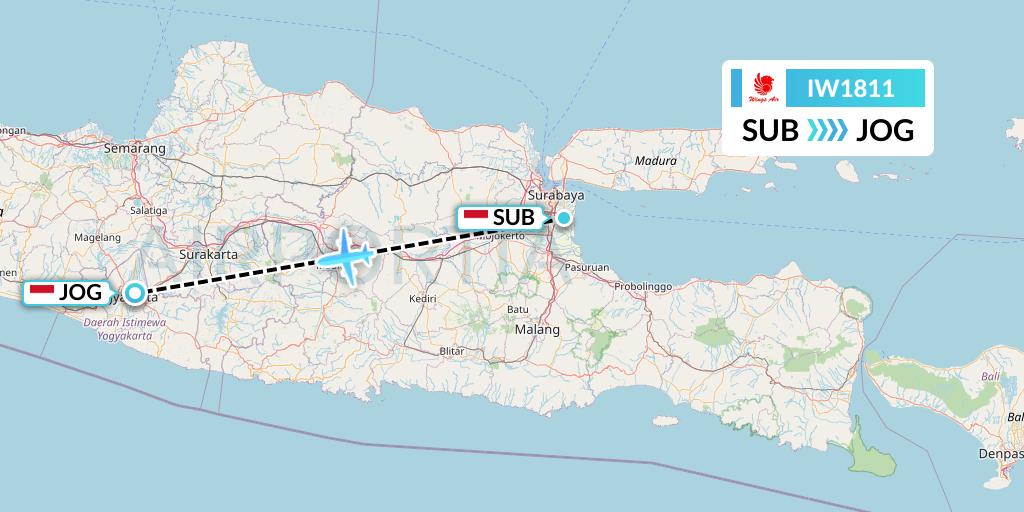 IW1811 Wings Air Flight Map: Surabaya to Yogyakarta