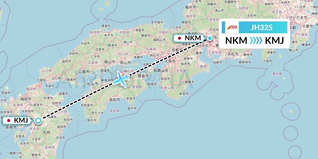 JH325 Fuji Dream Airlines Flight Map: Nagoya to Kumamoto