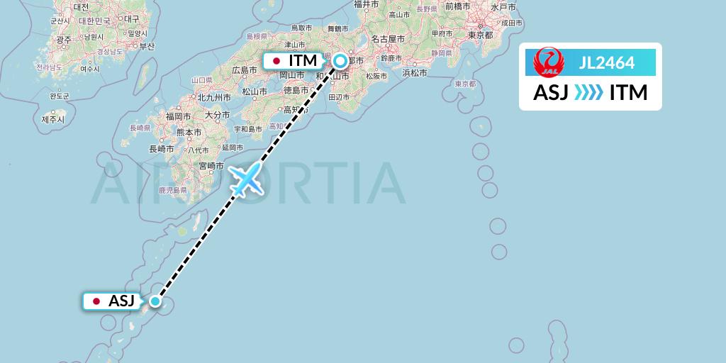 JL2464 Japan Airlines Flight Map: Amami to Osaka