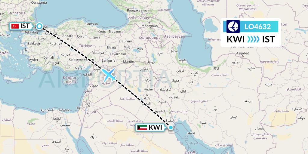 LO4632 LOT Flight Map: Kuwait City to Istanbul