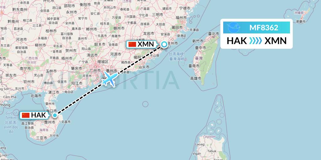 MF8362 Xiamen Airlines Flight Map: Haikou to Xiamen
