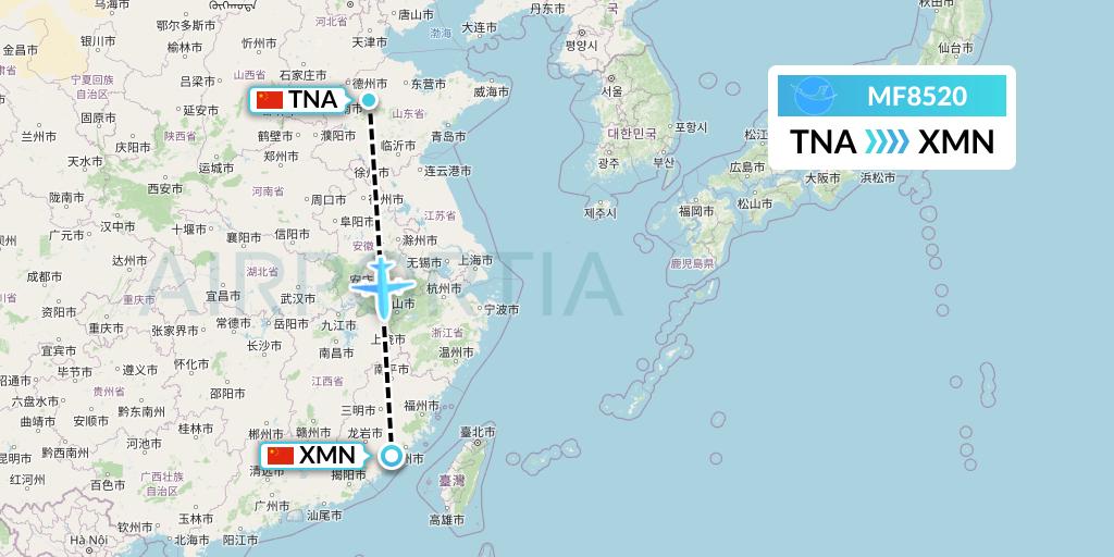MF8520 Xiamen Airlines Flight Map: Jinan to Xiamen