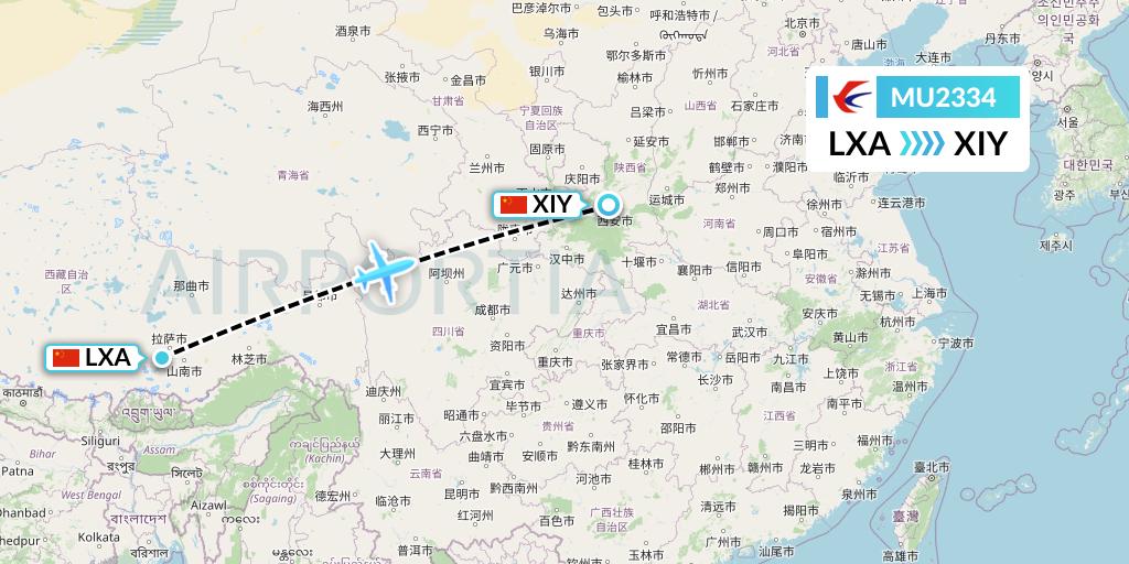 MU2334 China Eastern Airlines Flight Map: Lhasa to Xi'an