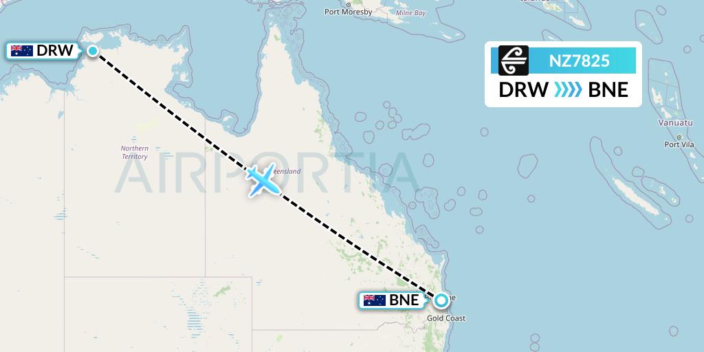 NZ7825 Air New Zealand Flight Map: Darwin to Brisbane