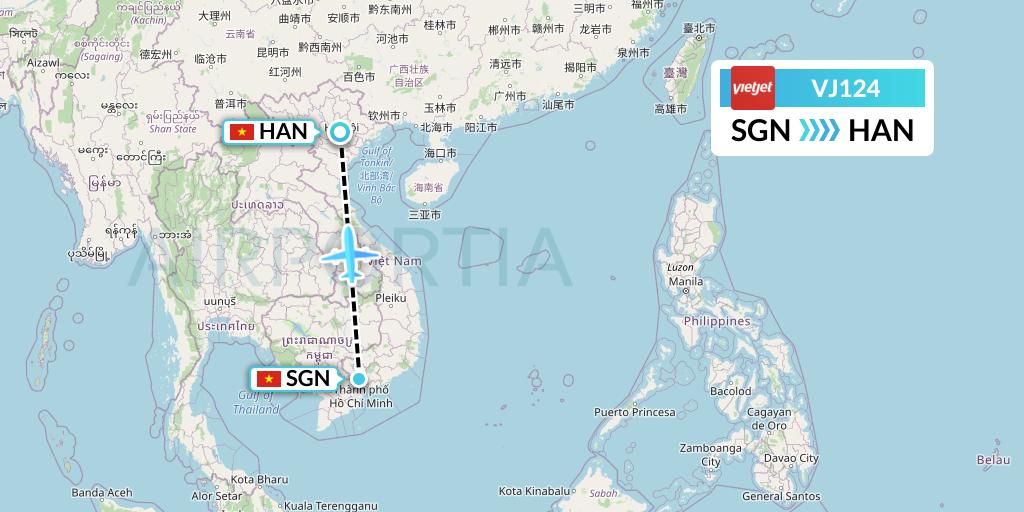 VJ124 VietJet Air Flight Map: Ho Chi Minh City to Hanoi
