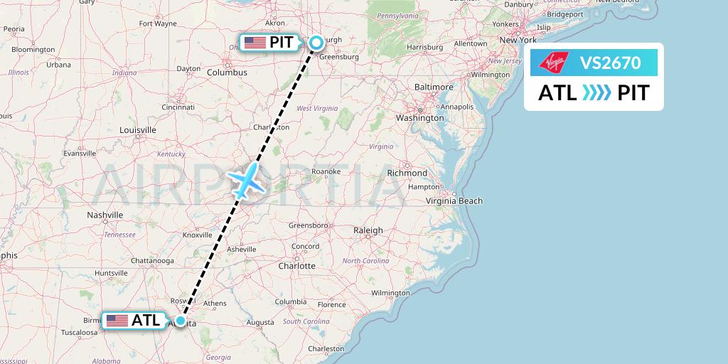 VS2670 Virgin Atlantic Airways Flight Map: Atlanta to Pittsburgh