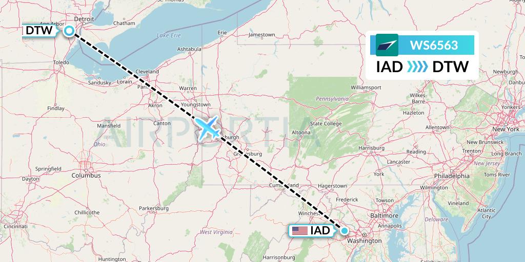 WS6563 WestJet Flight Map: Washington to Detroit