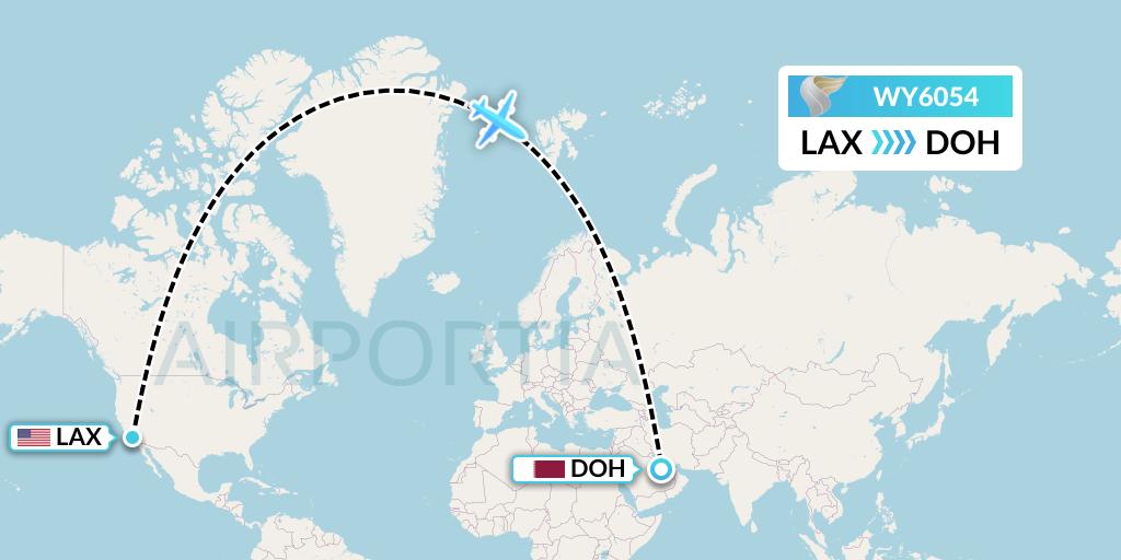 WY6054 Oman Air Flight Map: Los Angeles to Doha