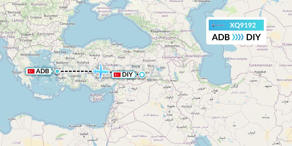 XQ9192 SunExpress Flight Map: Izmir to Diyarbakir