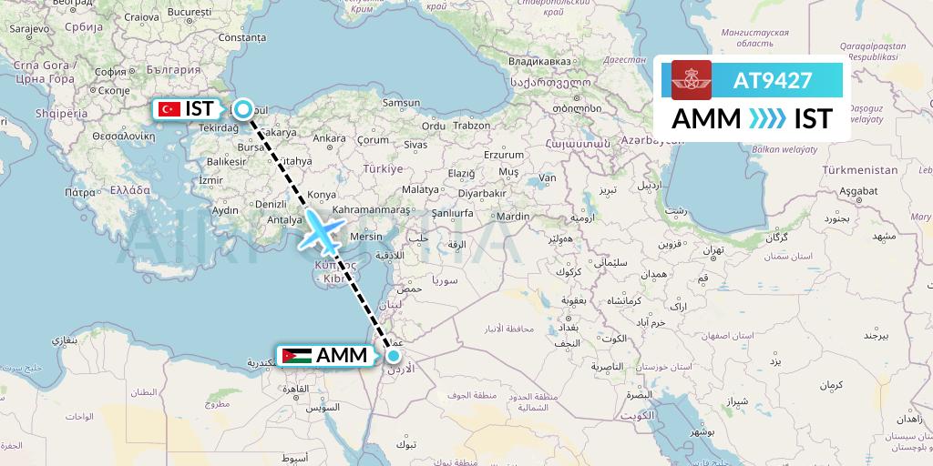 AT9427 Royal Air Maroc Flight Map: Amman to Istanbul