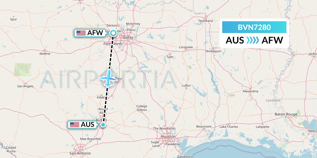 BVN7280 Baron Aviation Services Flight Map: Austin to Fort Worth
