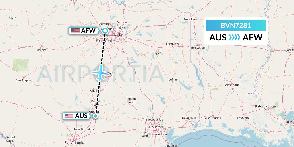 BVN7281 Baron Aviation Services Flight Map: Austin to Fort Worth