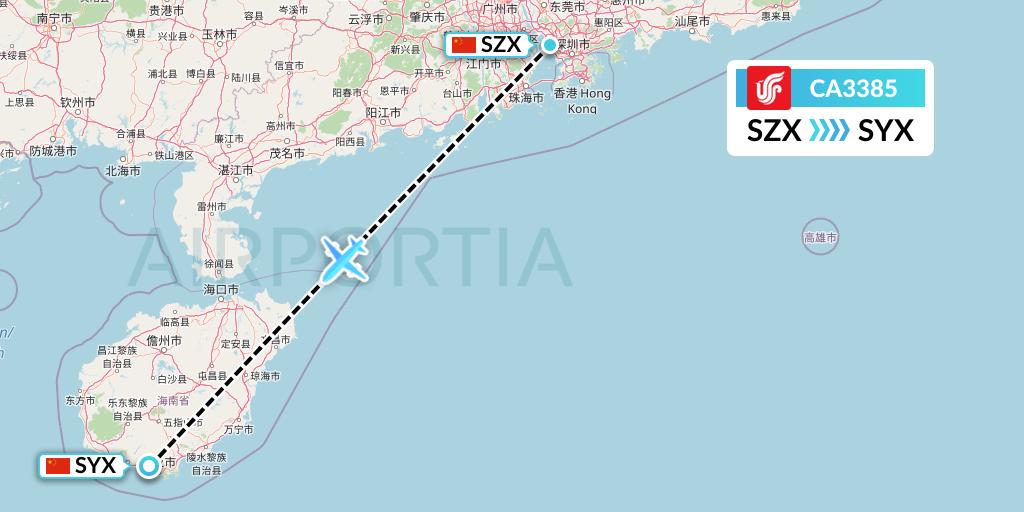 CA3385 Air China Flight Map: Shenzhen to Sanya