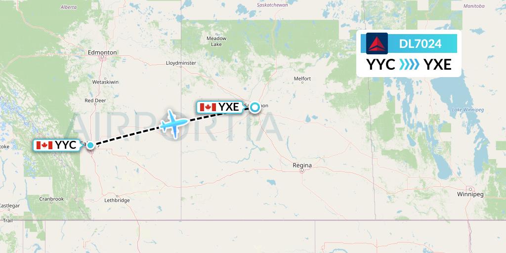 DL7024 Delta Air Lines Flight Map: Calgary to Saskatoon