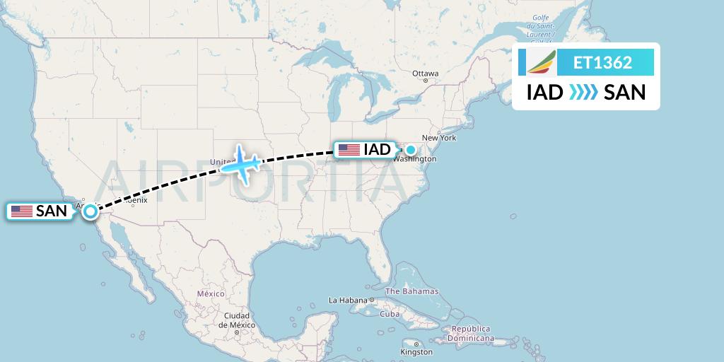 ET1362 Ethiopian Airlines Flight Map: Washington to San Diego