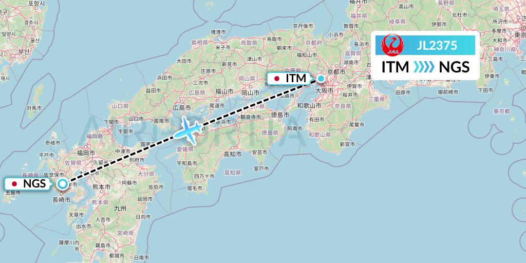 JL2375 Japan Airlines Flight Map: Osaka to Nagasaki