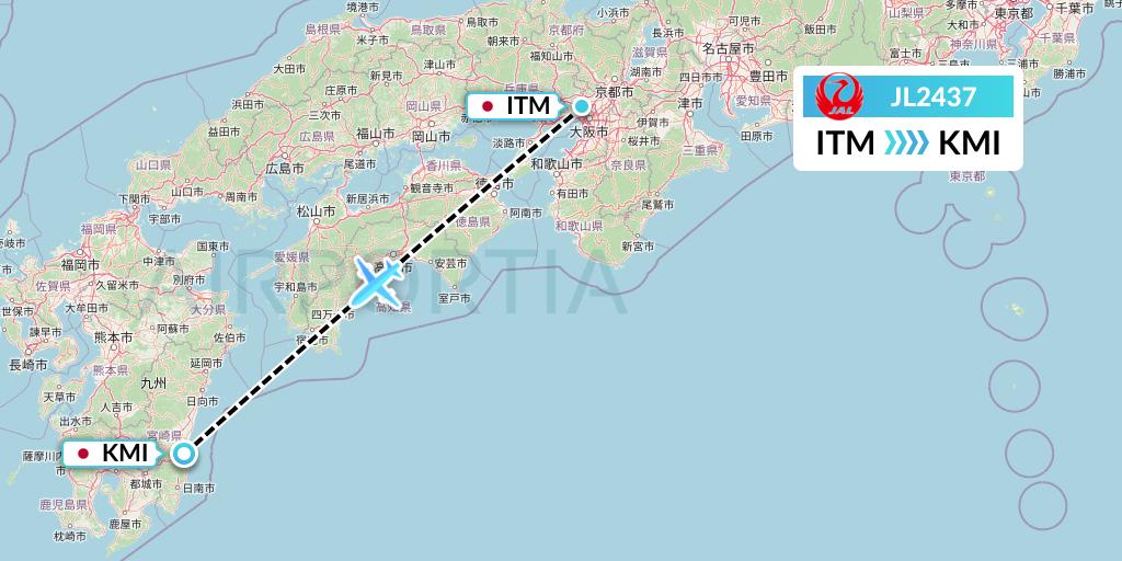 JL2437 Japan Airlines Flight Map: Osaka to Miyazaki