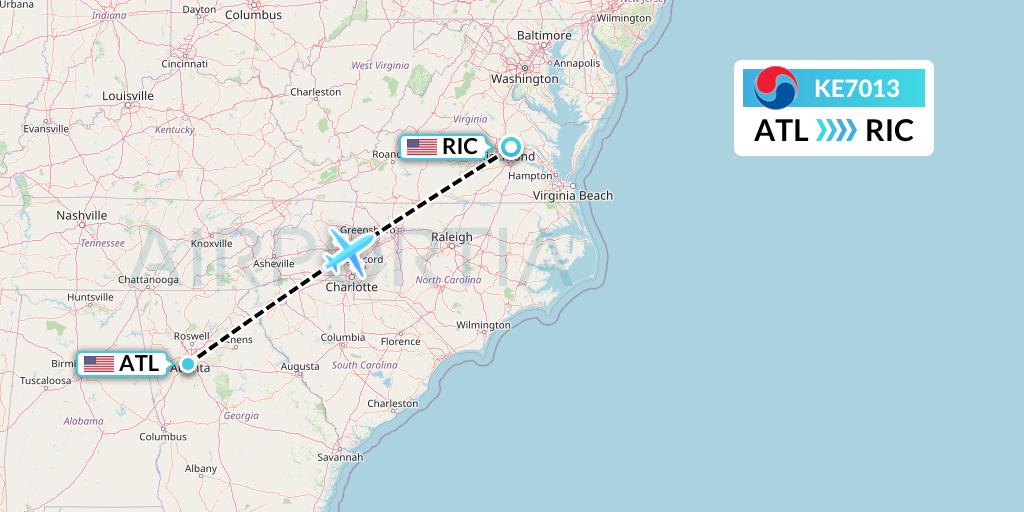 KE7013 Korean Air Flight Map: Atlanta to Richmond