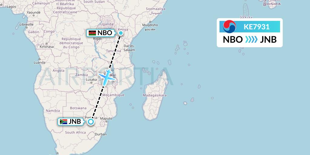 KE7931 Korean Air Flight Map: Nairobi to Johannesburg