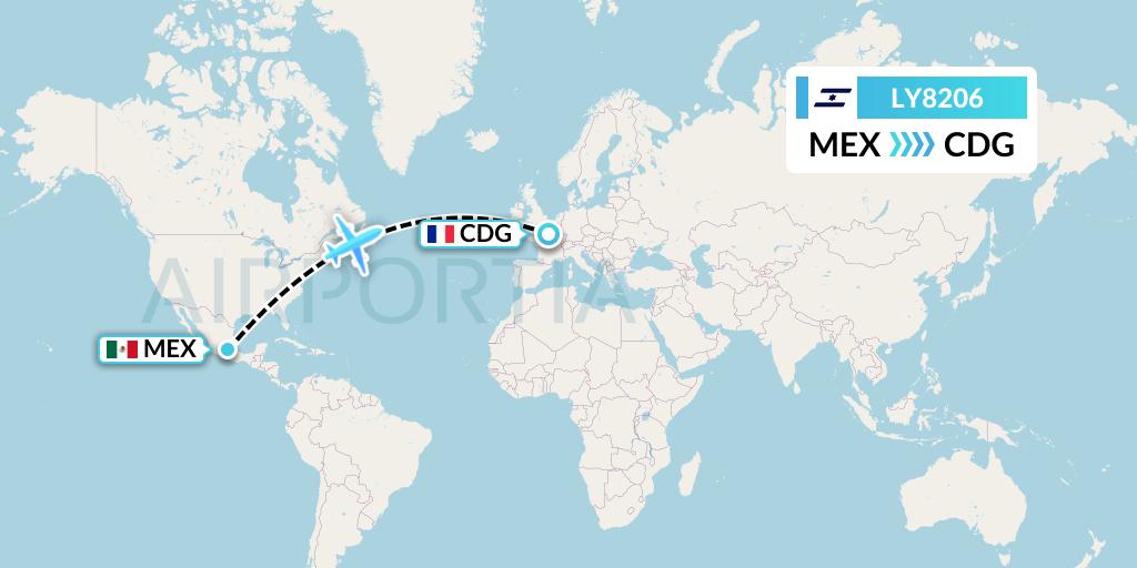 LY8206 El Al Flight Map: Mexico City to Paris