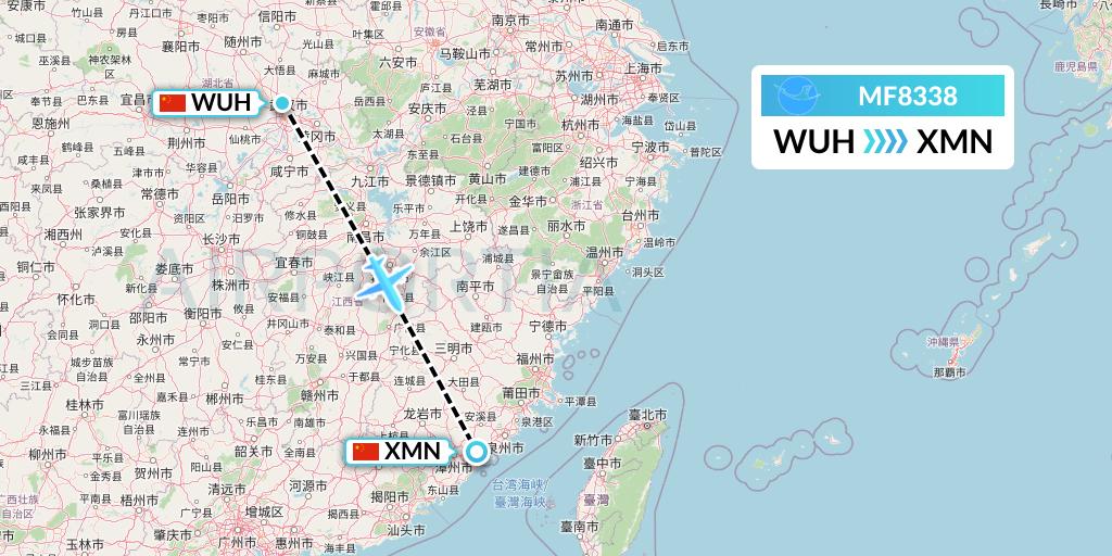 MF8338 Xiamen Airlines Flight Map: Wuhan to Xiamen