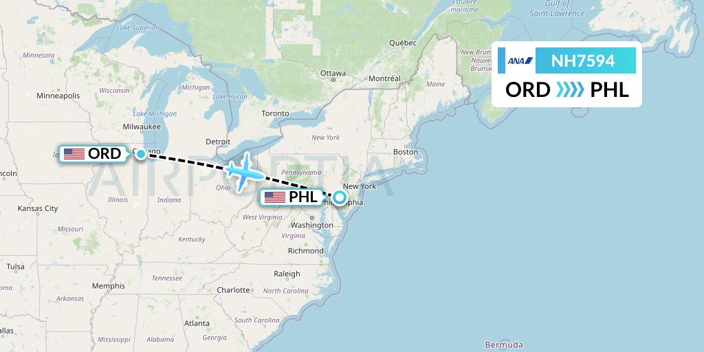 NH7594 All Nippon Airways Flight Map: Chicago to Philadelphia