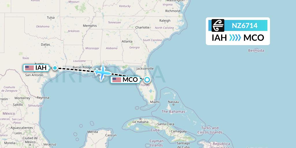 NZ6714 Air New Zealand Flight Map: Houston to Orlando