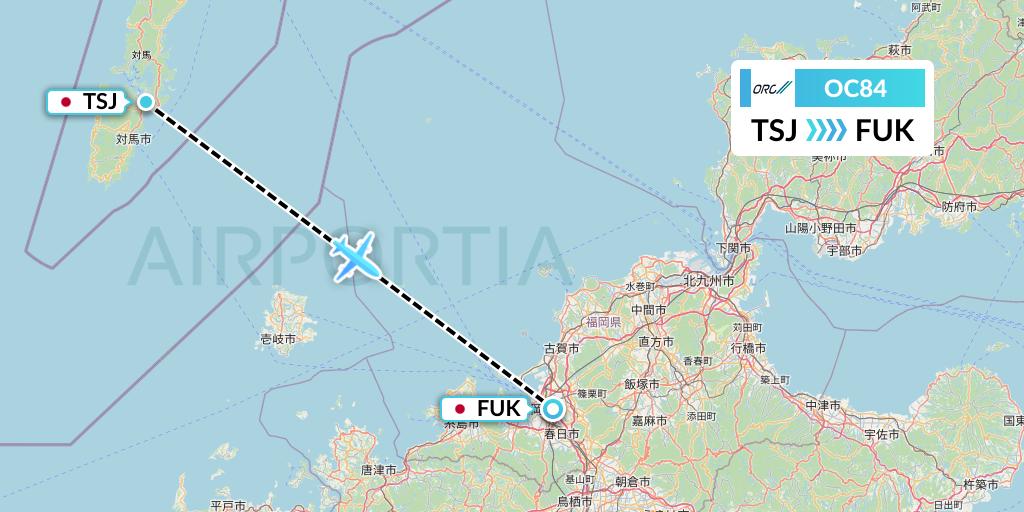 OC84 Oriental Air Bridge Flight Map: Tsushima to Fukuoka