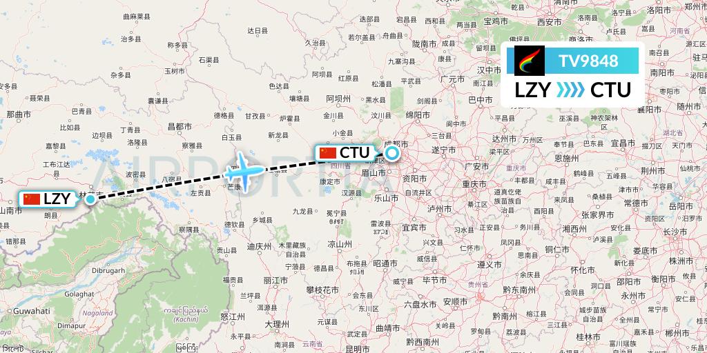 TV9848 Tibet Airlines Flight Map: Nyingchi to Chengdu