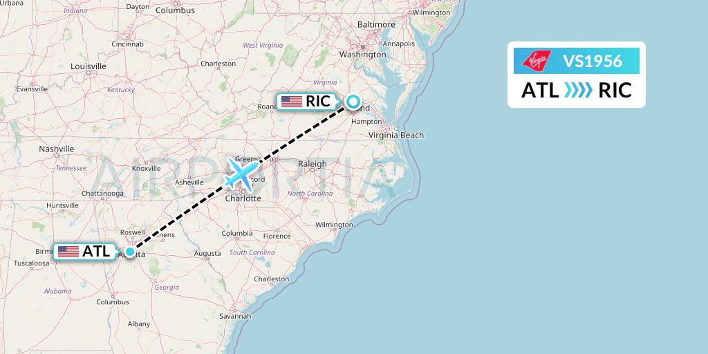 VS1956 Virgin Atlantic Airways Flight Map: Atlanta to Richmond