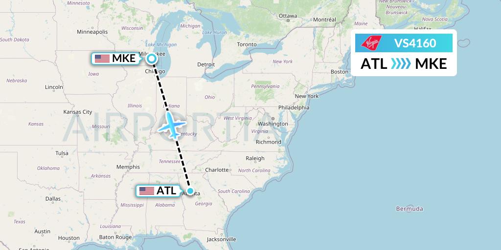 VS4160 Virgin Atlantic Airways Flight Map: Atlanta to Milwaukee