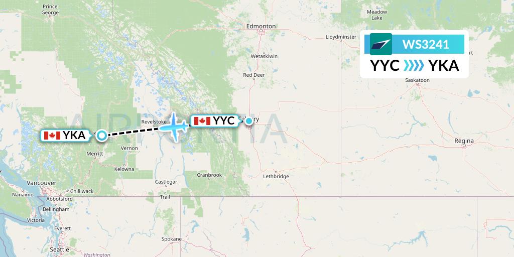 WS3241 WestJet Flight Map: Calgary to Kamloops