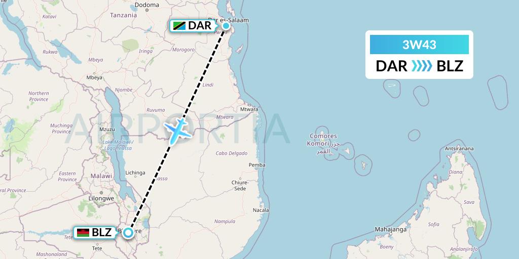 3W43 Malawian Airlines Flight Map: Dar-es-Salaam to Blantyre