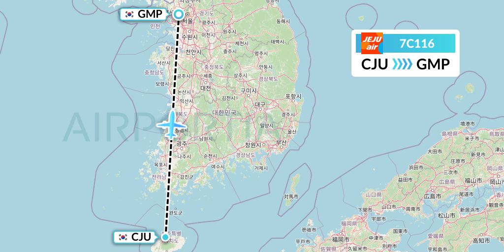 7C116 Jeju Air Flight Map: Jeju to Seoul