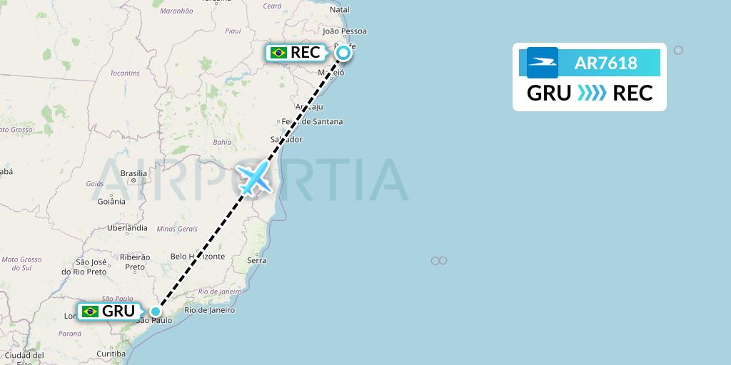 AR7618 Aerolineas Argentinas Flight Map: Sao Paulo to Recife