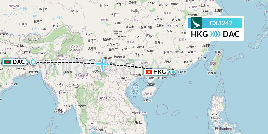 CX3247 Cathay Pacific Flight Map: Hong Kong to Dhaka