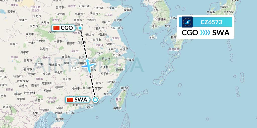 CZ6573 China Southern Airlines Flight Map: Zhengzhou to Jieyang