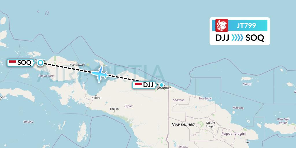 JT799 Lion Airlines Flight Map: Jayapura to Sorong