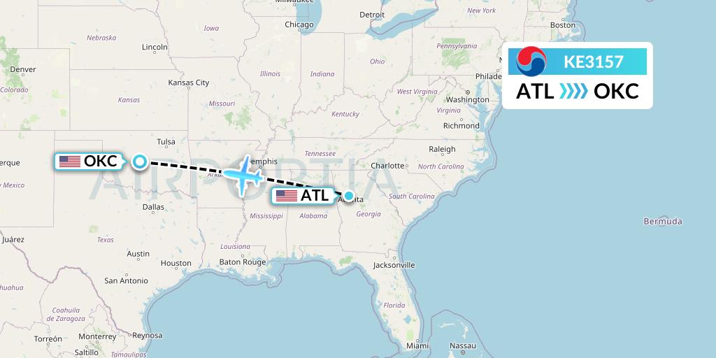 KE3157 Korean Air Flight Map: Atlanta to Oklahoma City