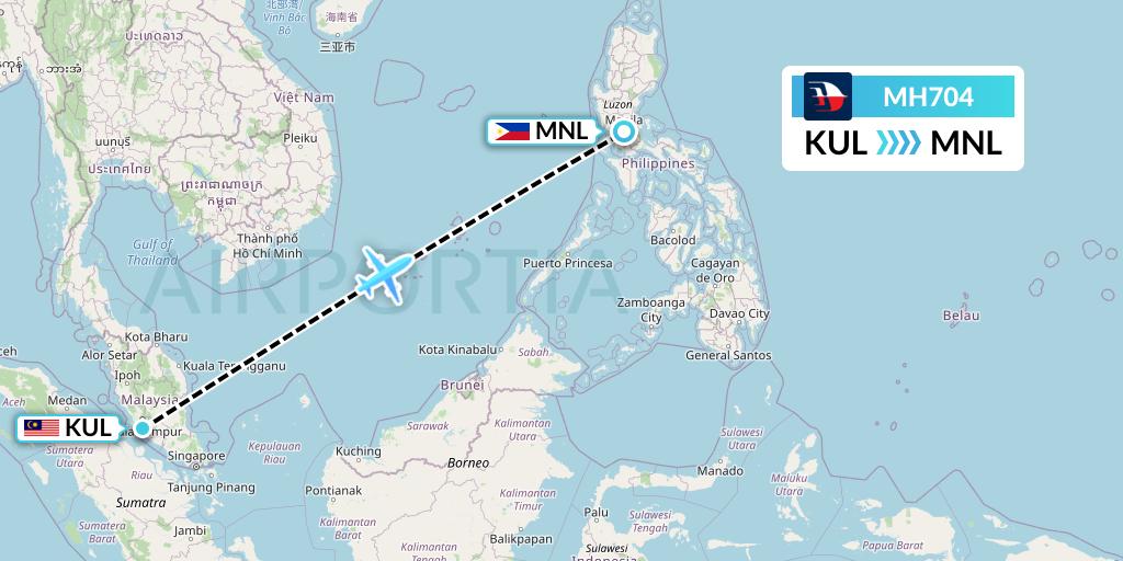 MH704 Malaysia Airlines Flight Map: Kuala Lumpur to Manila