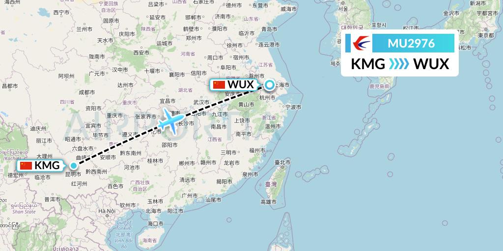 MU2976 China Eastern Airlines Flight Map: Kunming to Wuxi