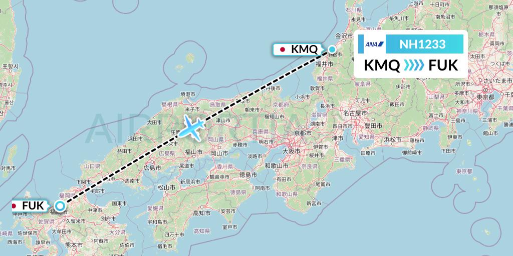 NH1233 All Nippon Airways Flight Map: Komatsu to Fukuoka