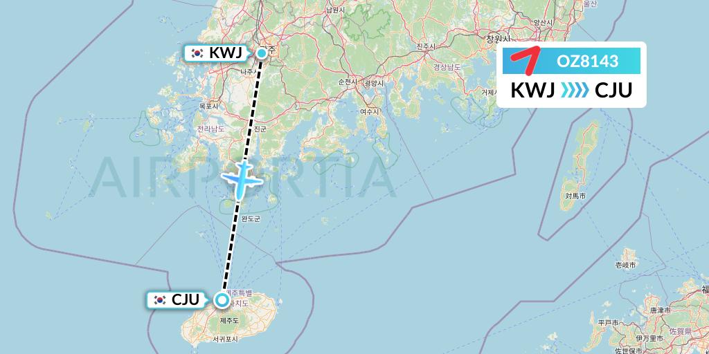OZ8143 Asiana Airlines Flight Map: Gwangju to Jeju